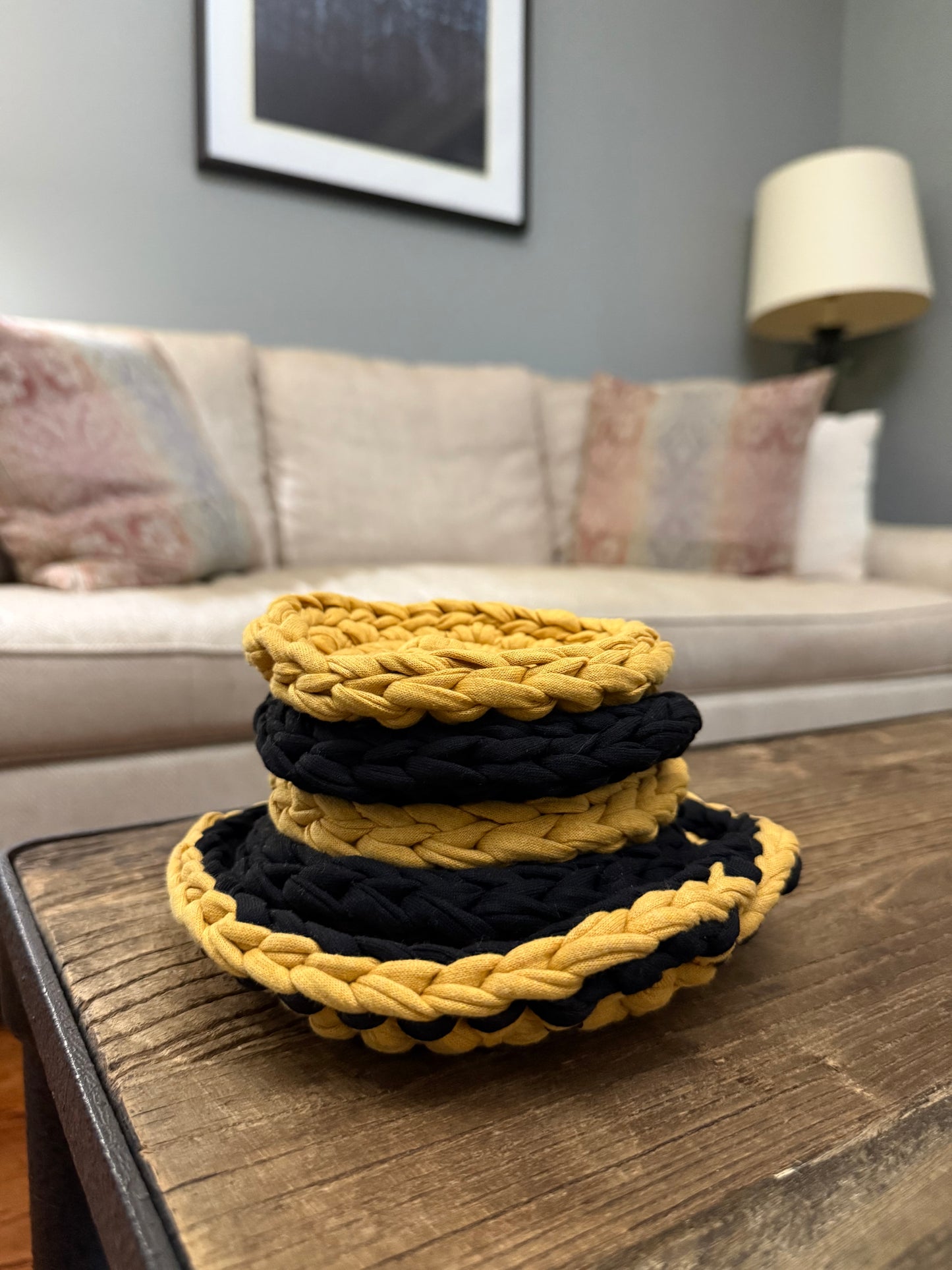 Hand crocheted poly/cotton large basket set