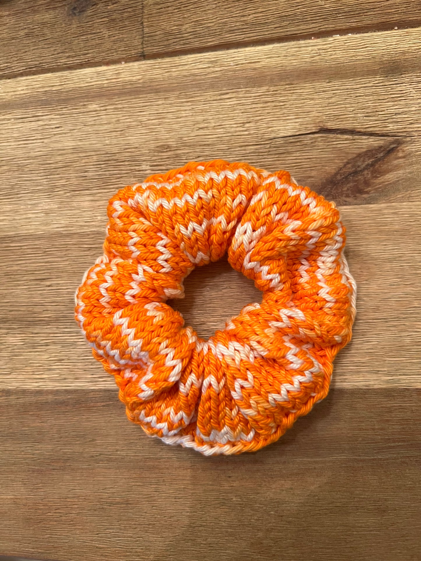 Hand knit, orange and white scrunchie, 100% cotton
