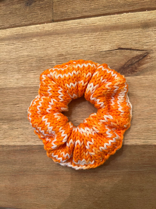 Hand knit, orange and white scrunchie, 100% cotton