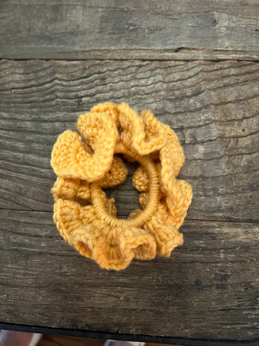 Hand crocheted gold, wool scrunchie